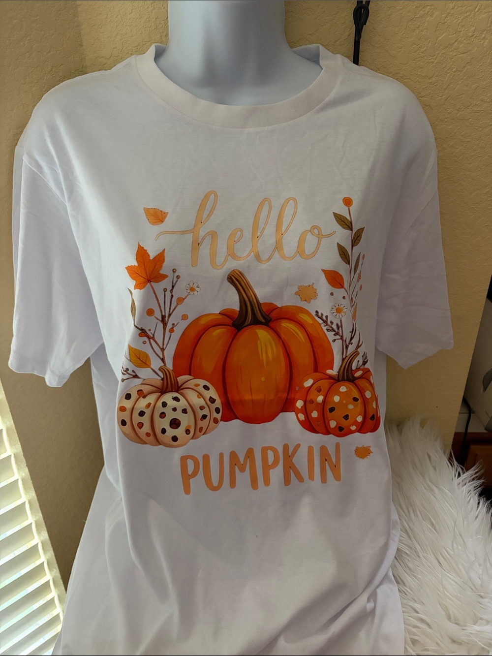 Hello Pumpkin White Graphic Tee with Orange Pumpkins